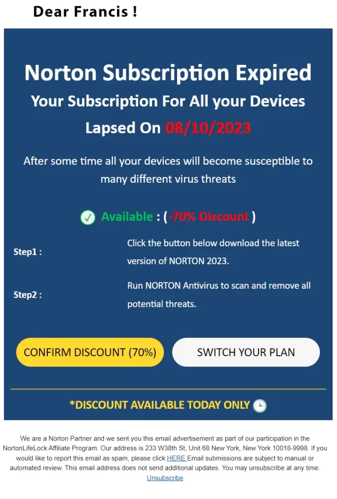 norton phishing emails subscription expired